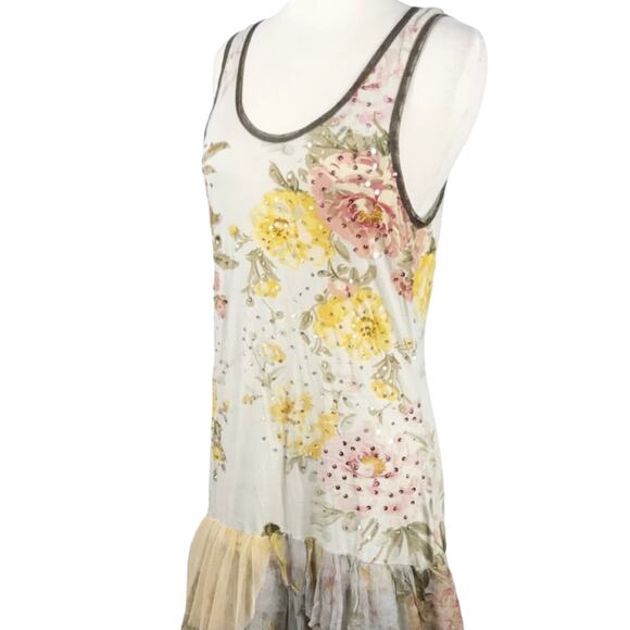 ALBERTO MAKALI Jersey Dress Floral Sequins Tulle Ruffles Hem Sleeveless Small - Picture 4 of 8